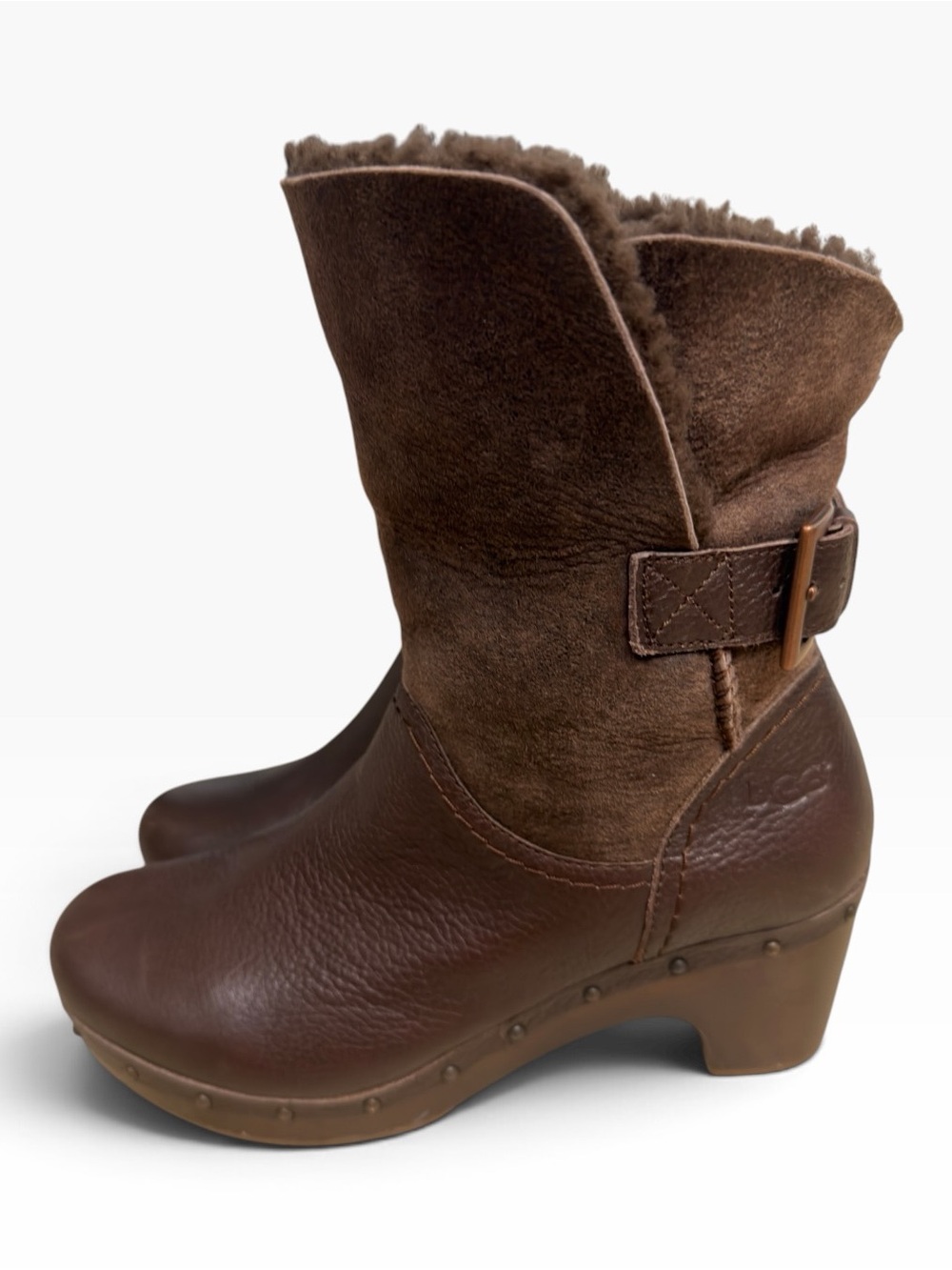 UGG Amoret Womens 8 Brown Leather Suede Shearling Clog Heel Buckle Boots Y2K
